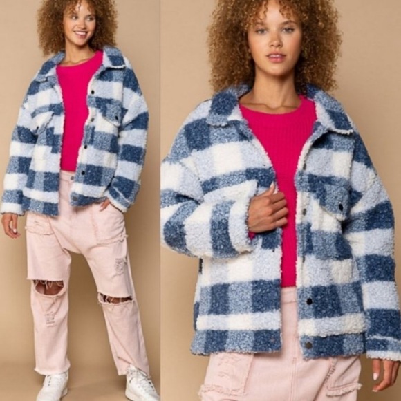 Pol oversized blue plaid Sherpa jacket / Shacket Large NEW - Picture 3 of 5